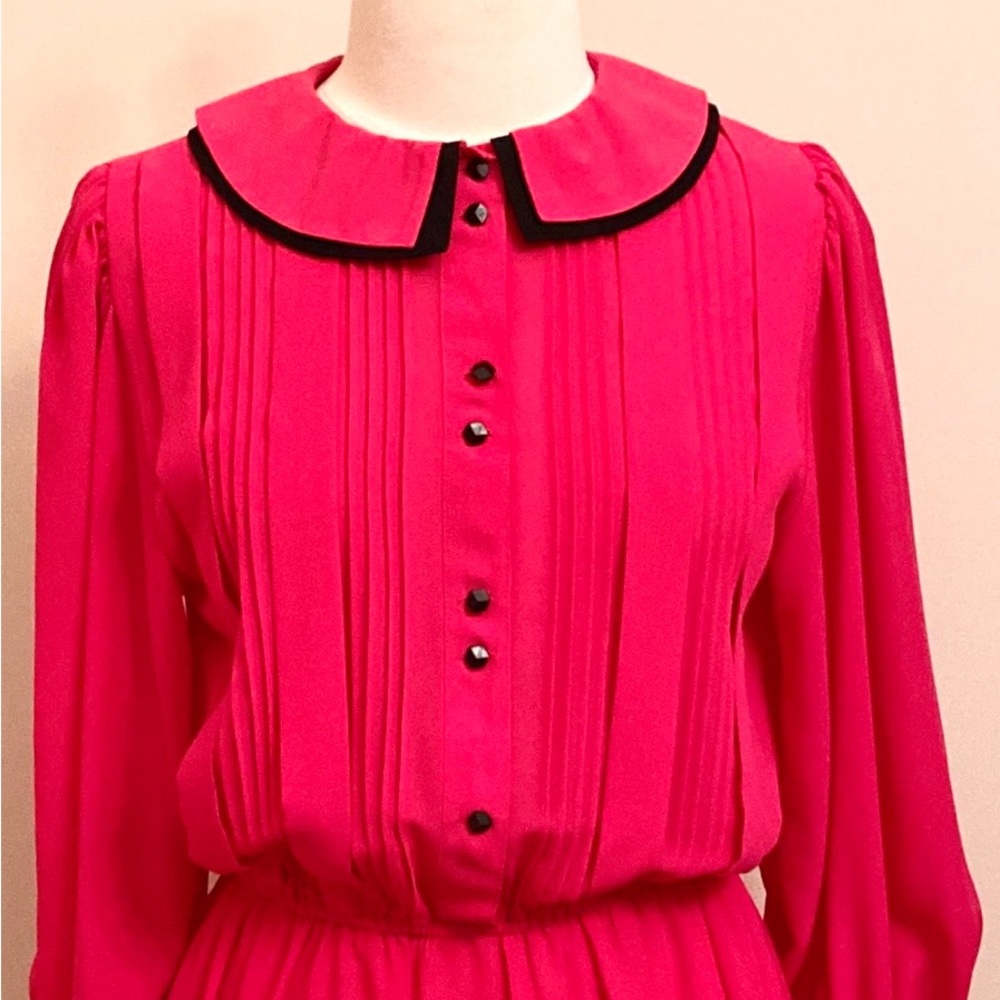 MS Chaus Pink Black Pleated Chiffon Size 10 Old Money Preppy Chic Romantic Dress - Picture 2 of 12